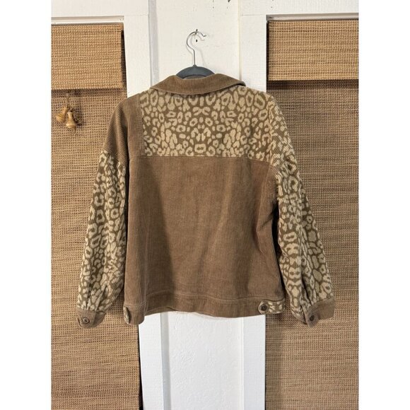 Love Riche Cheetah Corduroy Mixed Media Brown Cotton Linen Jacket Size Large - Picture 2 of 5